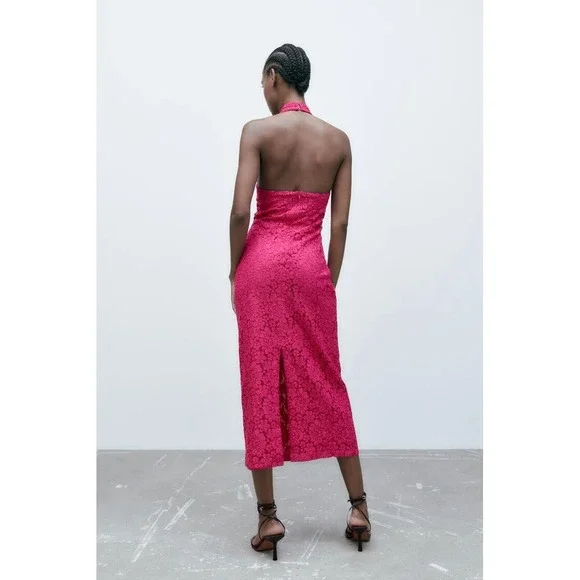 Zara Lace Halter Dress Womens Medium Pink Fuchsia Midi‎ Floral Open Back Pencil - Picture 15 of 16
